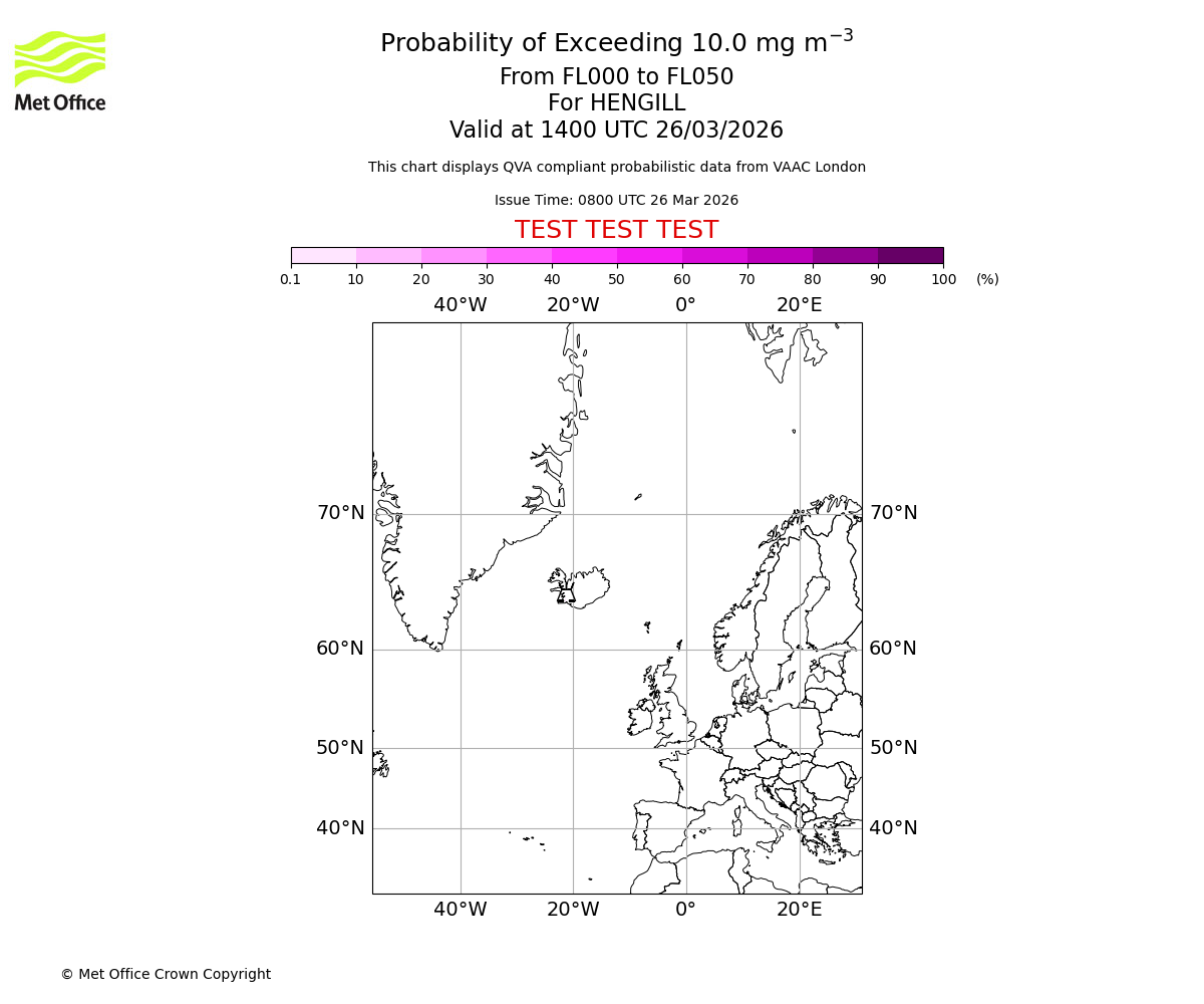 Probability of exceeding 10.0 milligrams per metre cubed. From 000 to 050 for HENGILL. Valid at 1400 UTC 26/03/2026