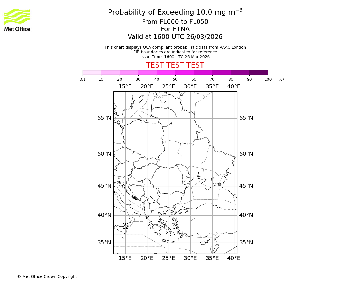 Probability of exceeding 10.0 milligrams per metre cubed. From 000 to 050 for ETNA. Valid at 1600 UTC 26/03/2026
