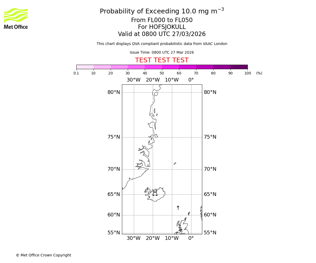 Probability of exceeding 10.0 milligrams per metre cubed. From 000 to 050 for HOFSJOKULL. Valid at 0800 UTC 27/03/2026