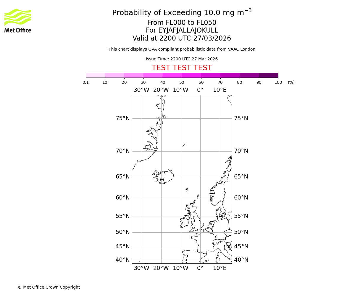 Probability of exceeding 10.0 milligrams per metre cubed. From 000 to 050 for EYJAFJALLAJOKULL. Valid at 2200 UTC 27/03/2026