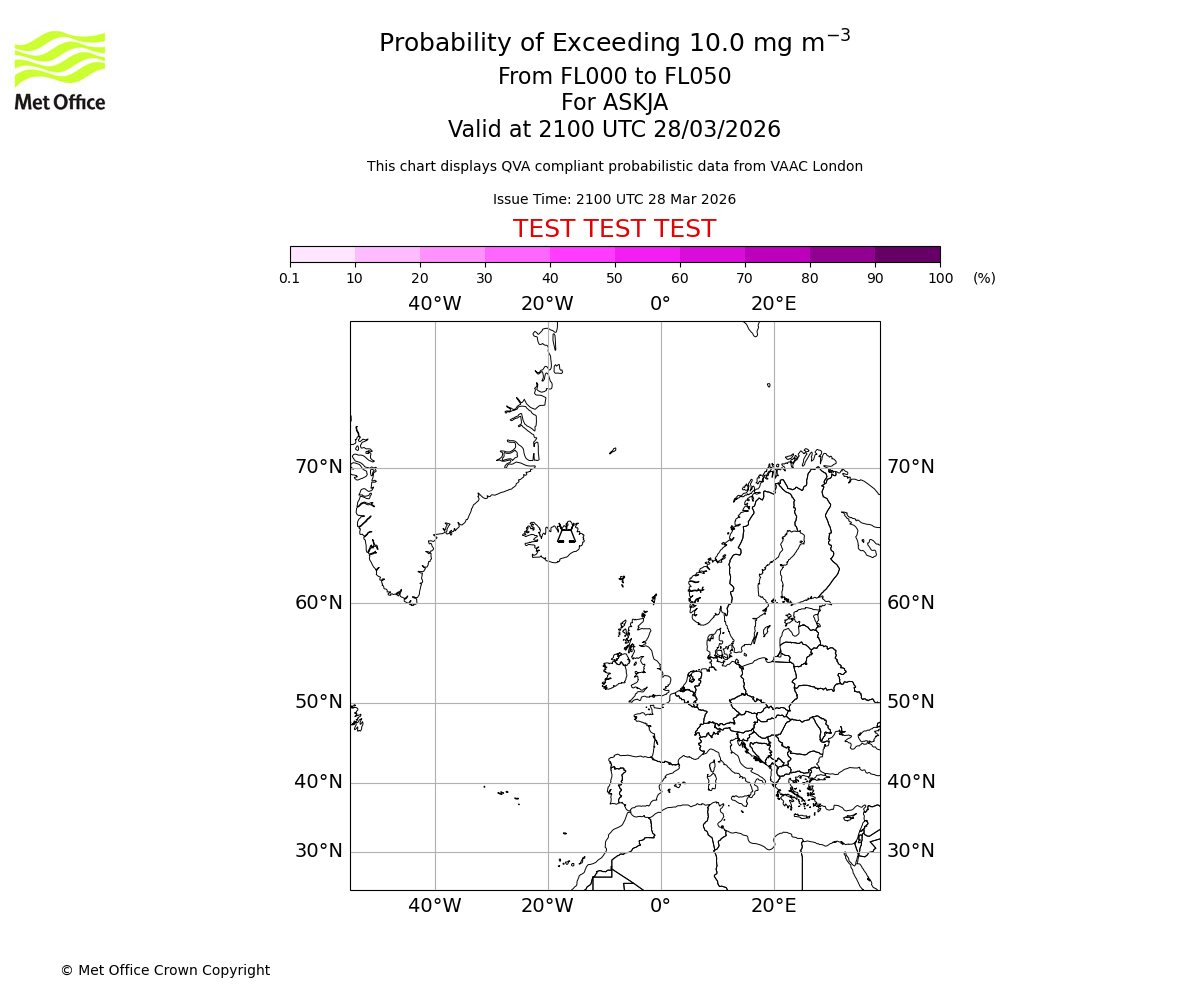 Probability of exceeding 10.0 milligrams per metre cubed. From 000 to 050 for ASKJA. Valid at 2100 UTC 28/03/2026