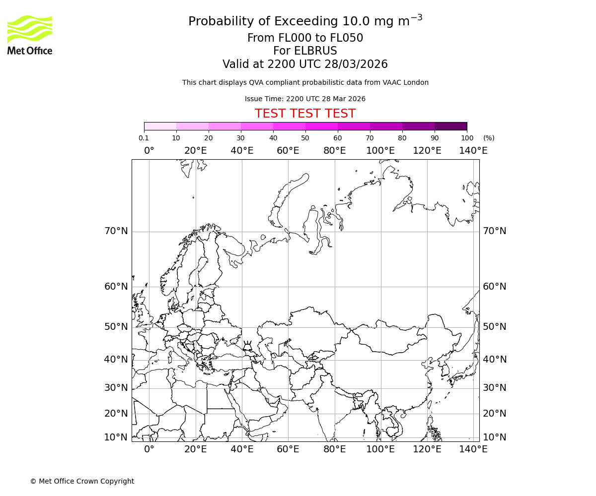 Probability of exceeding 10.0 milligrams per metre cubed. From 000 to 050 for ELBRUS. Valid at 2200 UTC 28/03/2026