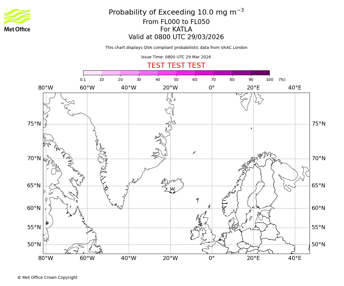 Probability of exceeding 10.0 milligrams per metre cubed. From 000 to 050 for KATLA. Valid at 0800 UTC 29/03/2026