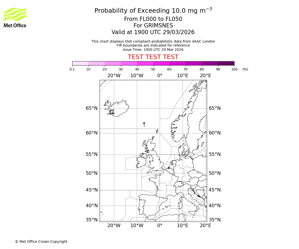 Probability of exceeding 10.0 milligrams per metre cubed. From 000 to 050 for GRIMSNES. Valid at 1900 UTC 29/03/2026