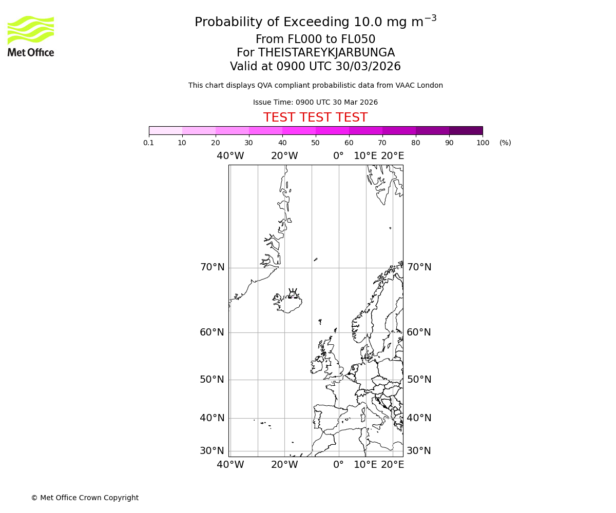 Probability of exceeding 10.0 milligrams per metre cubed. From 000 to 050 for THEISTAREYKJARBUNGA. Valid at 0900 UTC 30/03/2026