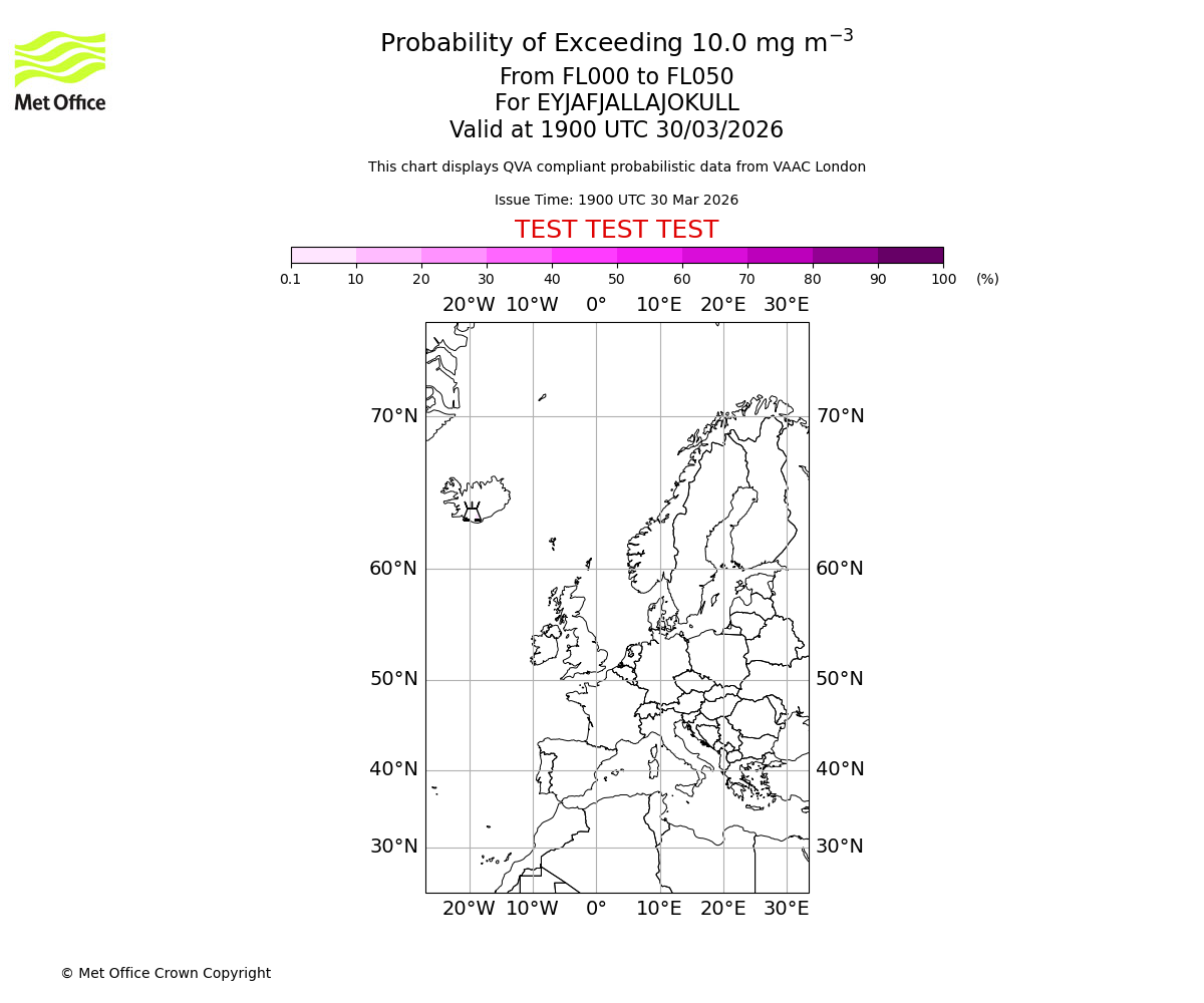 Probability of exceeding 10.0 milligrams per metre cubed. From 000 to 050 for EYJAFJALLAJOKULL. Valid at 1900 UTC 30/03/2026