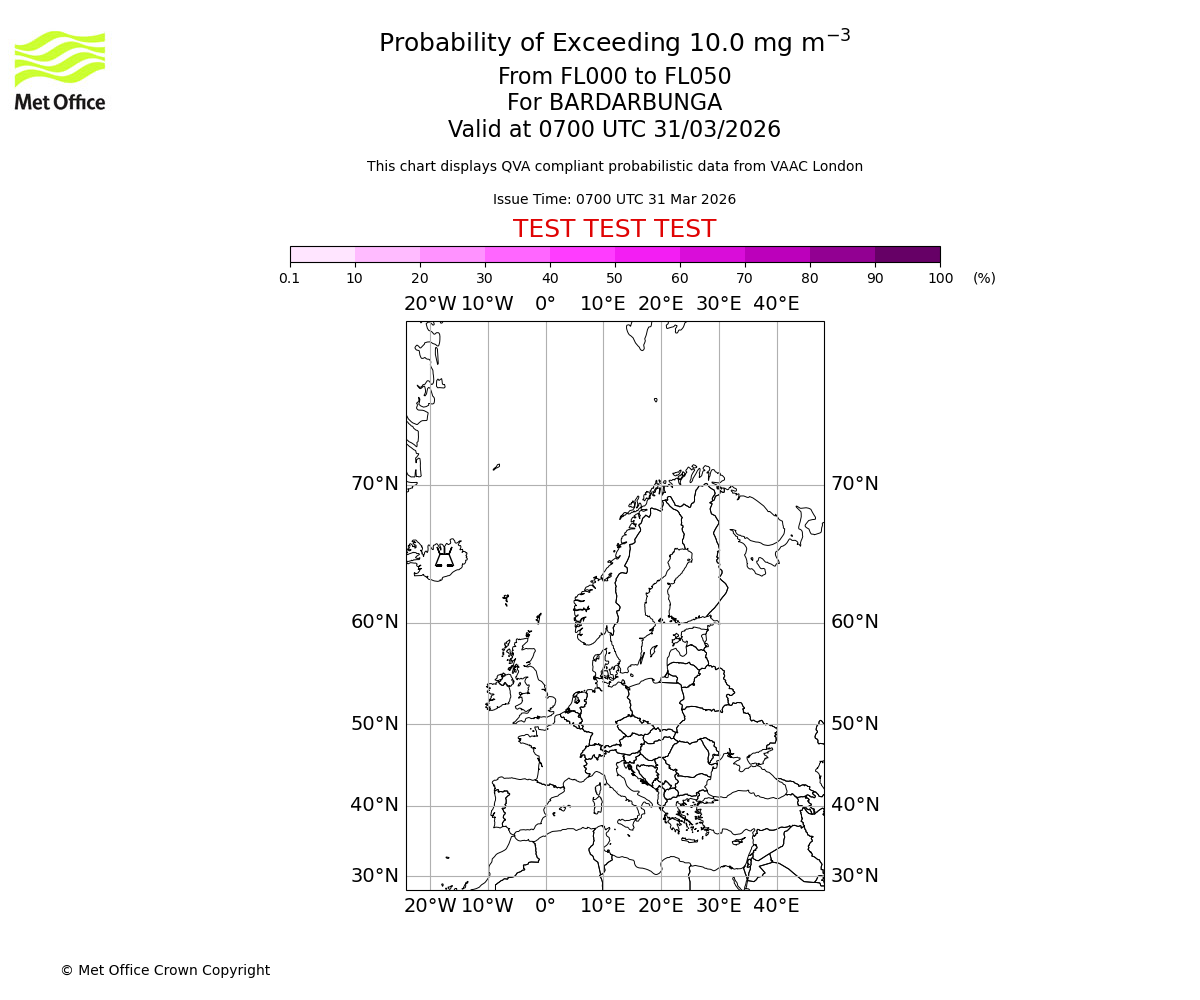 Probability of exceeding 10.0 milligrams per metre cubed. From 000 to 050 for BARDARBUNGA. Valid at 0700 UTC 31/03/2026