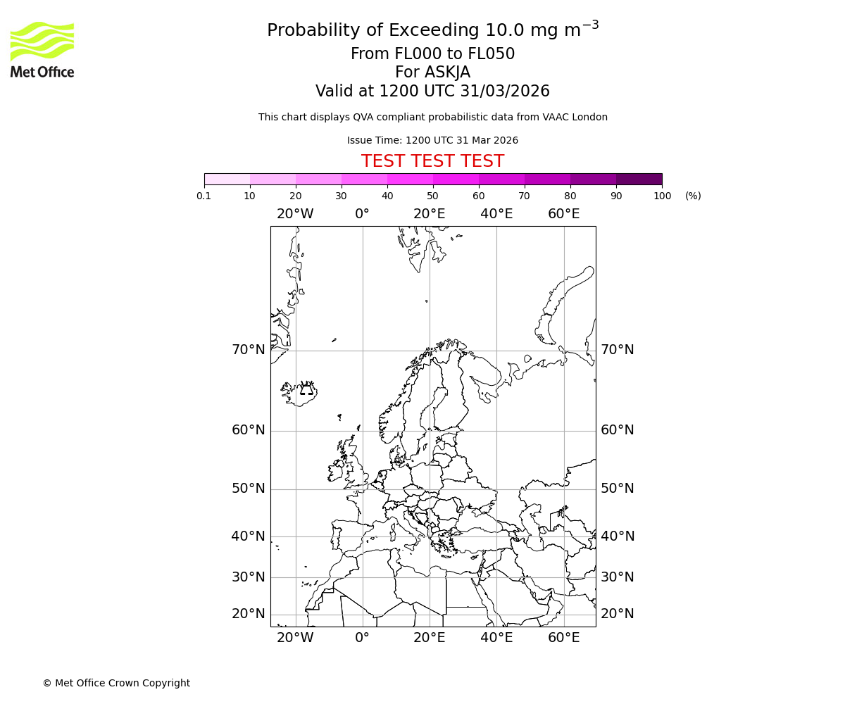 Probability of exceeding 10.0 milligrams per metre cubed. From 000 to 050 for ASKJA. Valid at 1200 UTC 31/03/2026