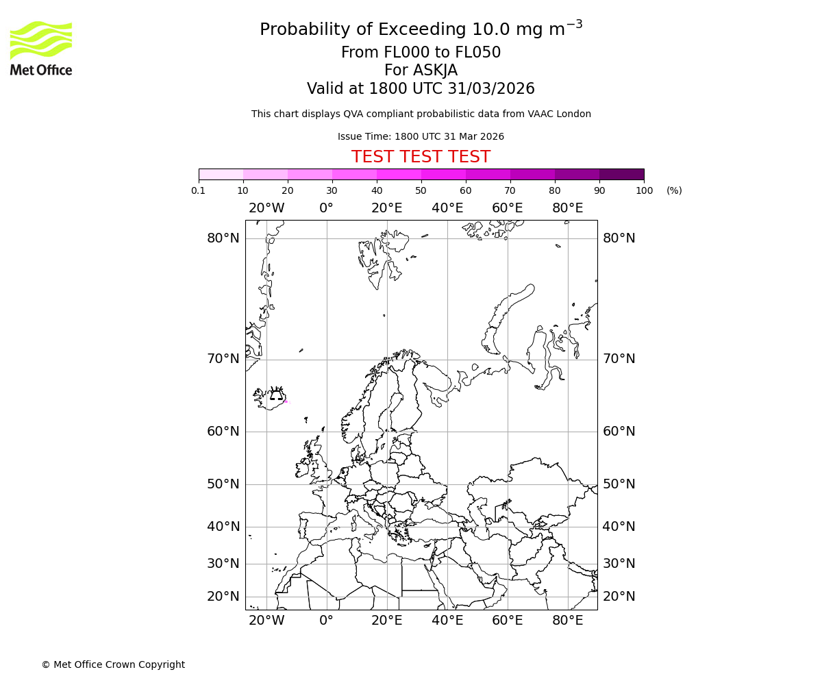 Probability of exceeding 10.0 milligrams per metre cubed. From 000 to 050 for ASKJA. Valid at 1800 UTC 31/03/2026