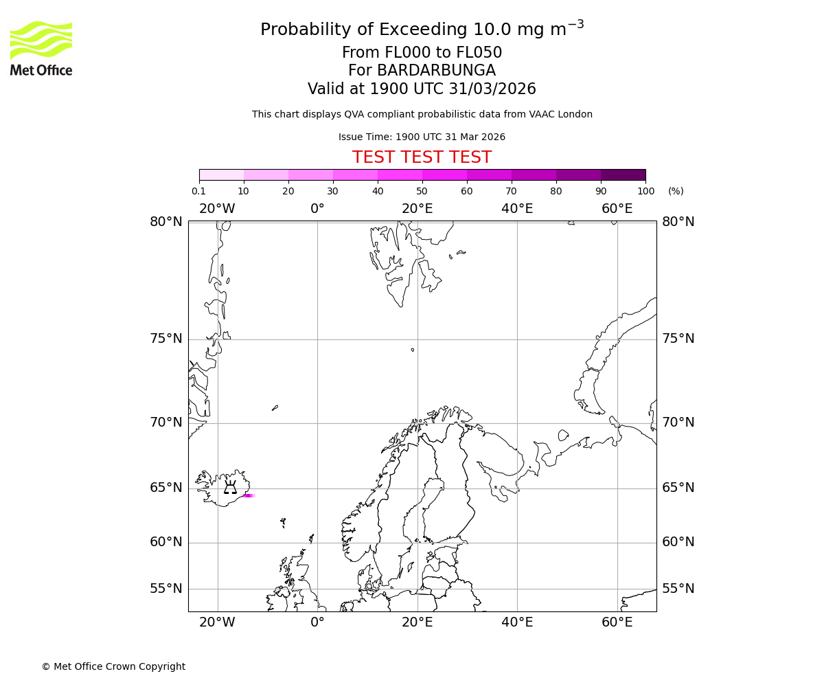 Probability of exceeding 10.0 milligrams per metre cubed. From 000 to 050 for BARDARBUNGA. Valid at 1900 UTC 31/03/2026
