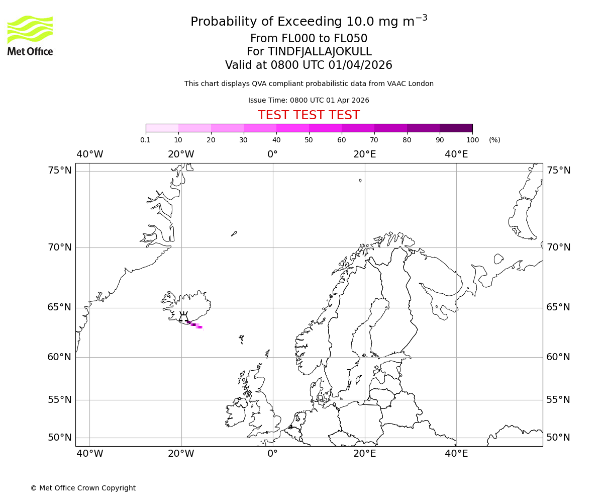 Probability of exceeding 10.0 milligrams per metre cubed. From 000 to 050 for TINDFJALLAJOKULL. Valid at 0800 UTC 01/04/2026