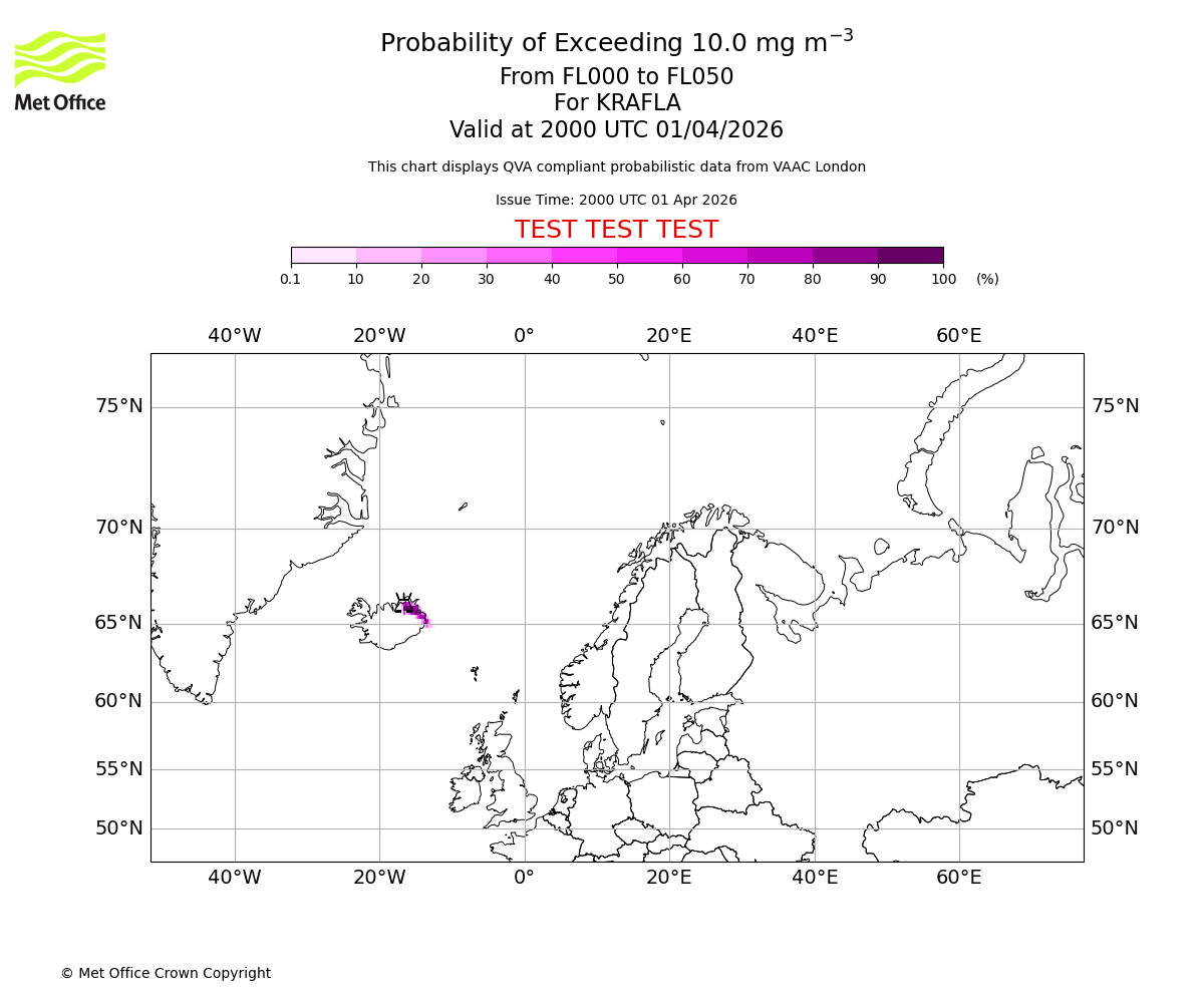 Probability of exceeding 10.0 milligrams per metre cubed. From 000 to 050 for KRAFLA. Valid at 2000 UTC 01/04/2026