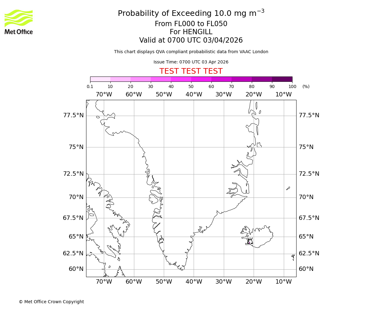 Probability of exceeding 10.0 milligrams per metre cubed. From 000 to 050 for HENGILL. Valid at 0700 UTC 03/04/2026