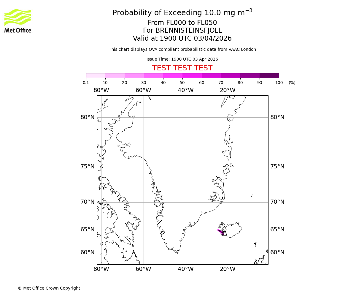 Probability of exceeding 10.0 milligrams per metre cubed. From 000 to 050 for BRENNISTEINSFJOLL. Valid at 1900 UTC 03/04/2026