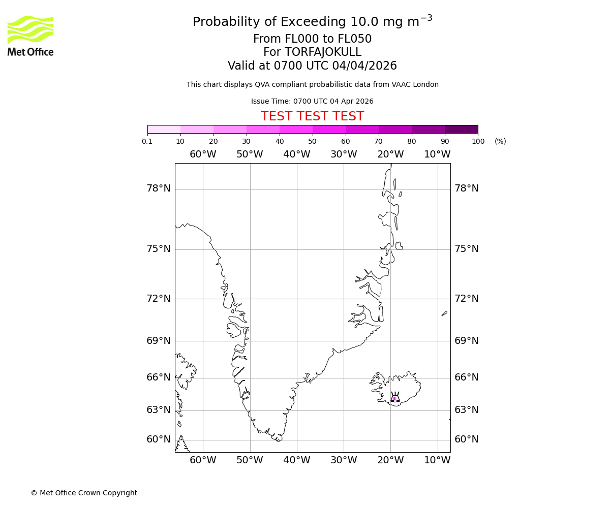 Probability of exceeding 10.0 milligrams per metre cubed. From 000 to 050 for TORFAJOKULL. Valid at 0700 UTC 04/04/2026
