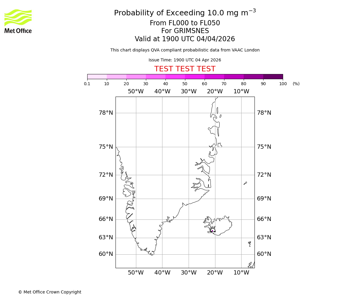 Probability of exceeding 10.0 milligrams per metre cubed. From 000 to 050 for GRIMSNES. Valid at 1900 UTC 04/04/2026