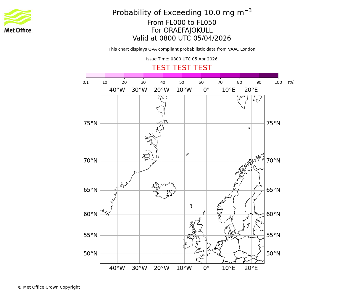 Probability of exceeding 10.0 milligrams per metre cubed. From 000 to 050 for ORAEFAJOKULL. Valid at 0800 UTC 05/04/2026