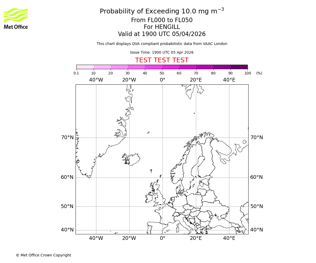 Probability of exceeding 10.0 milligrams per metre cubed. From 000 to 050 for HENGILL. Valid at 1900 UTC 05/04/2026
