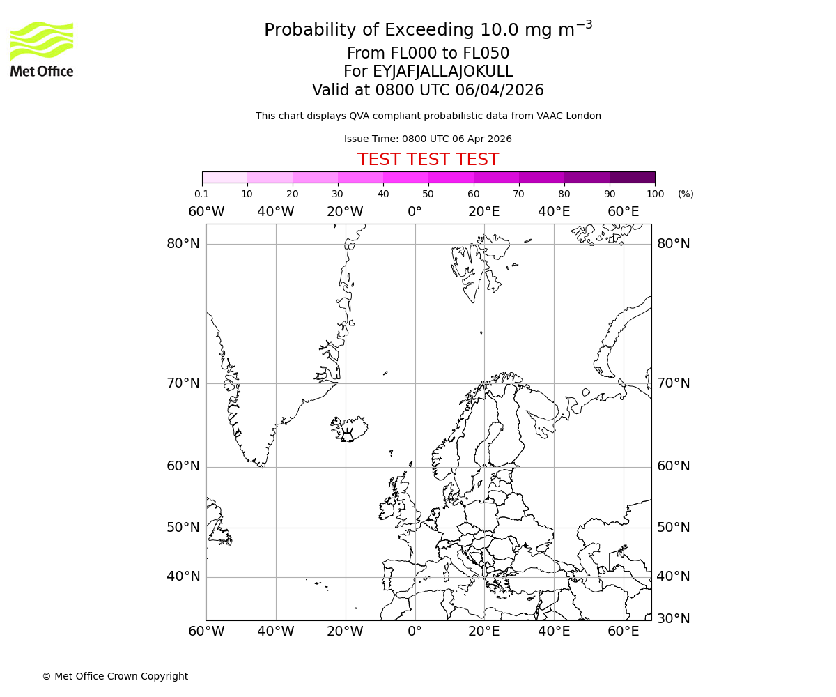 Probability of exceeding 10.0 milligrams per metre cubed. From 000 to 050 for EYJAFJALLAJOKULL. Valid at 0800 UTC 06/04/2026