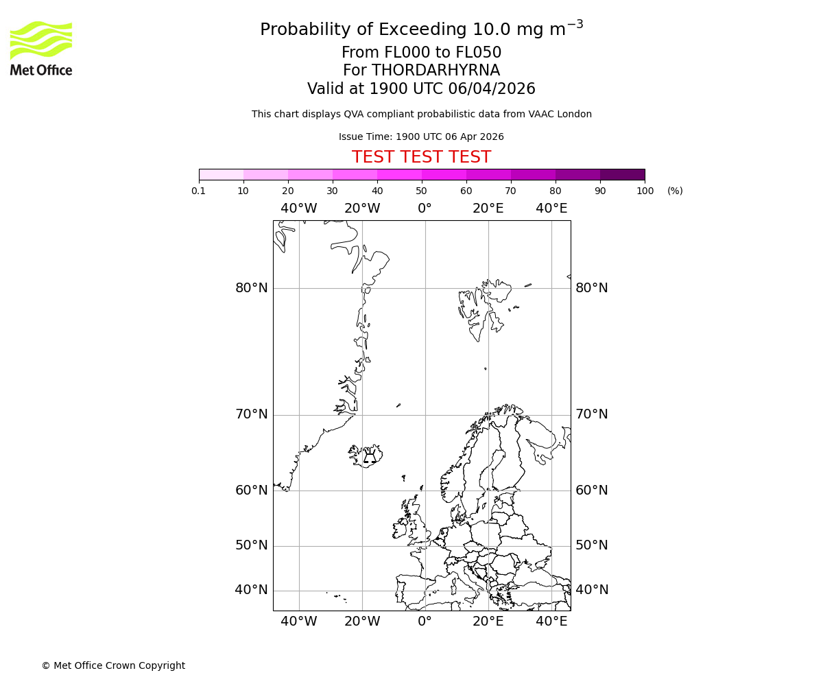 Probability of exceeding 10.0 milligrams per metre cubed. From 000 to 050 for THORDARHYRNA. Valid at 1900 UTC 06/04/2026