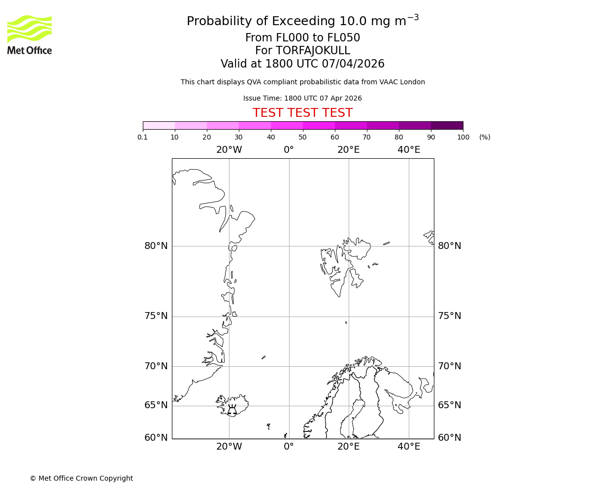 Probability of exceeding 10.0 milligrams per metre cubed. From 000 to 050 for TORFAJOKULL. Valid at 1800 UTC 07/04/2026