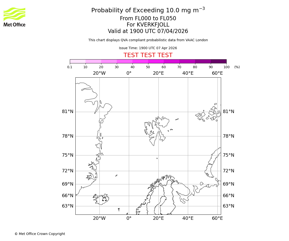 Probability of exceeding 10.0 milligrams per metre cubed. From 000 to 050 for KVERKFJOLL. Valid at 1900 UTC 07/04/2026