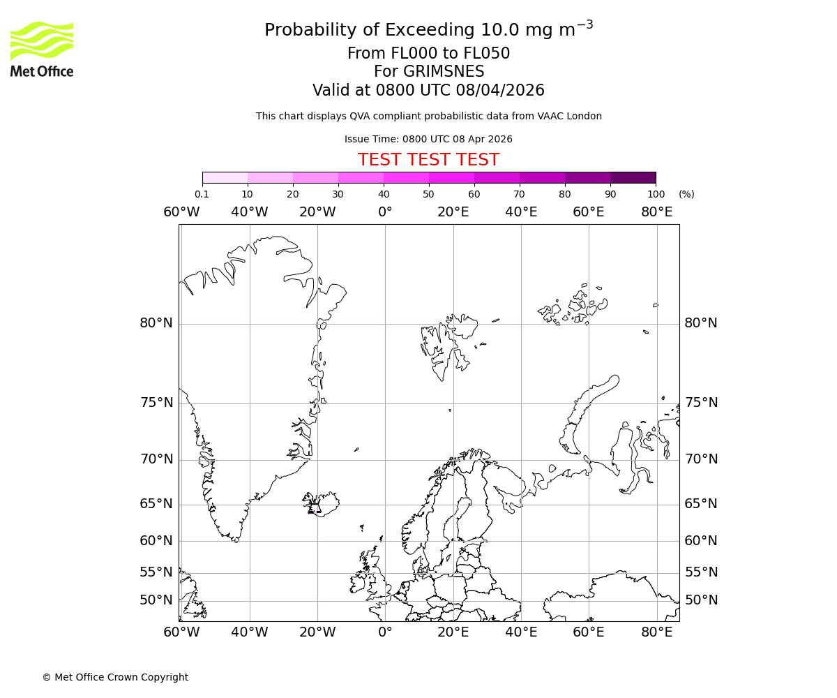 Probability of exceeding 10.0 milligrams per metre cubed. From 000 to 050 for GRIMSNES. Valid at 0800 UTC 08/04/2026