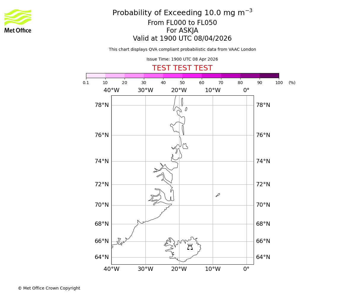 Probability of exceeding 10.0 milligrams per metre cubed. From 000 to 050 for ASKJA. Valid at 1900 UTC 08/04/2026