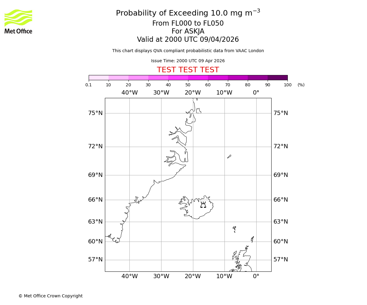 Probability of exceeding 10.0 milligrams per metre cubed. From 000 to 050 for ASKJA. Valid at 2000 UTC 09/04/2026