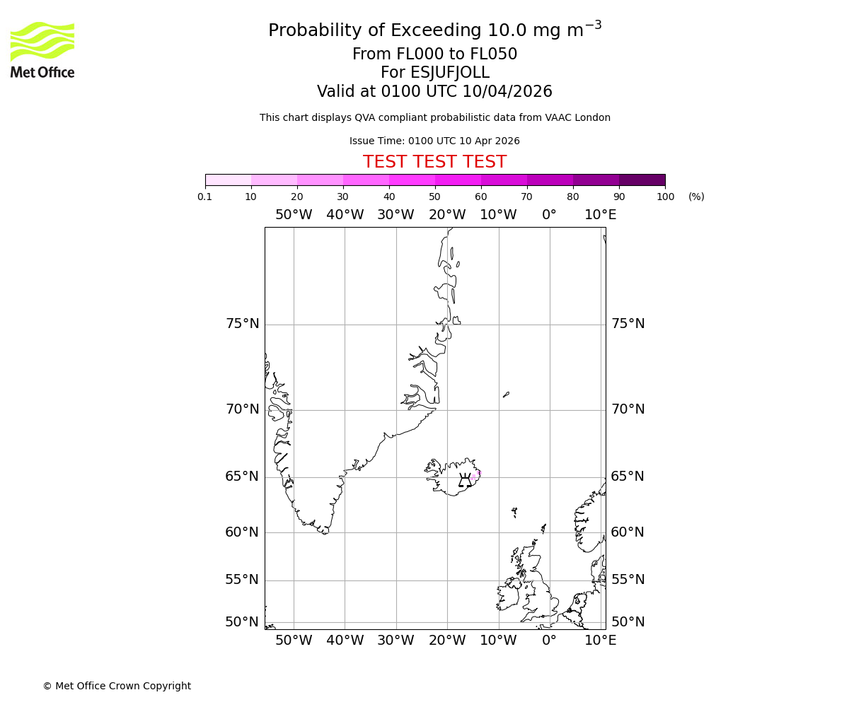 Probability of exceeding 10.0 milligrams per metre cubed. From 000 to 050 for ESJUFJOLL. Valid at 0100 UTC 10/04/2026