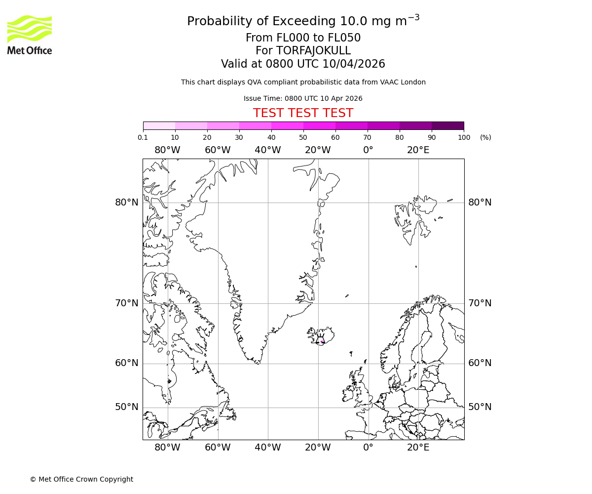 Probability of exceeding 10.0 milligrams per metre cubed. From 000 to 050 for TORFAJOKULL. Valid at 0800 UTC 10/04/2026