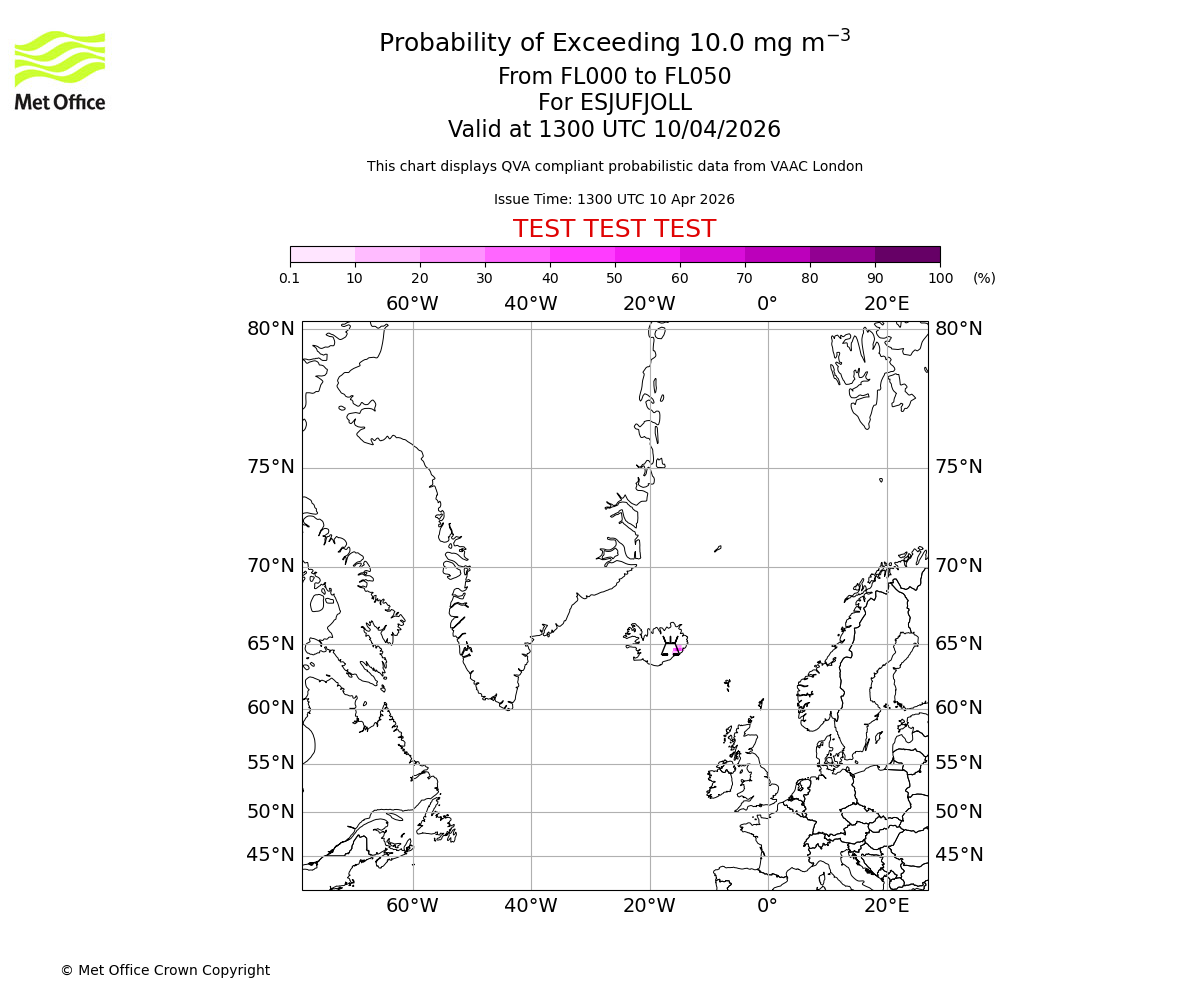Probability of exceeding 10.0 milligrams per metre cubed. From 000 to 050 for ESJUFJOLL. Valid at 1300 UTC 10/04/2026