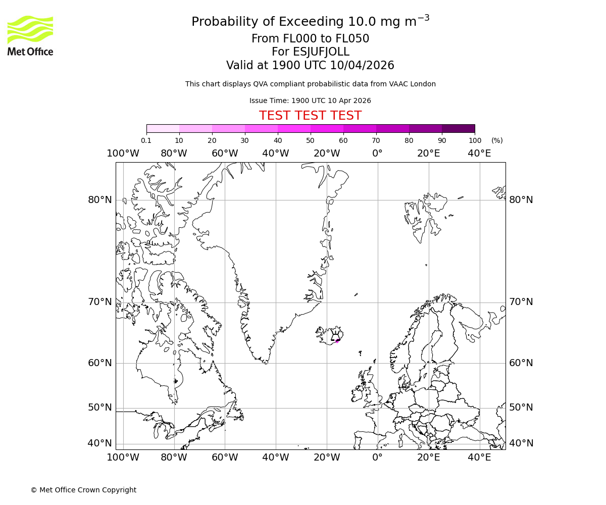 Probability of exceeding 10.0 milligrams per metre cubed. From 000 to 050 for ESJUFJOLL. Valid at 1900 UTC 10/04/2026