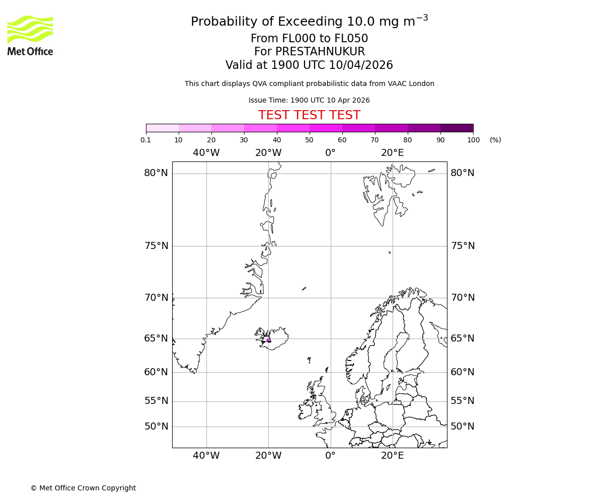 Probability of exceeding 10.0 milligrams per metre cubed. From 000 to 050 for PRESTAHNUKUR. Valid at 1900 UTC 10/04/2026