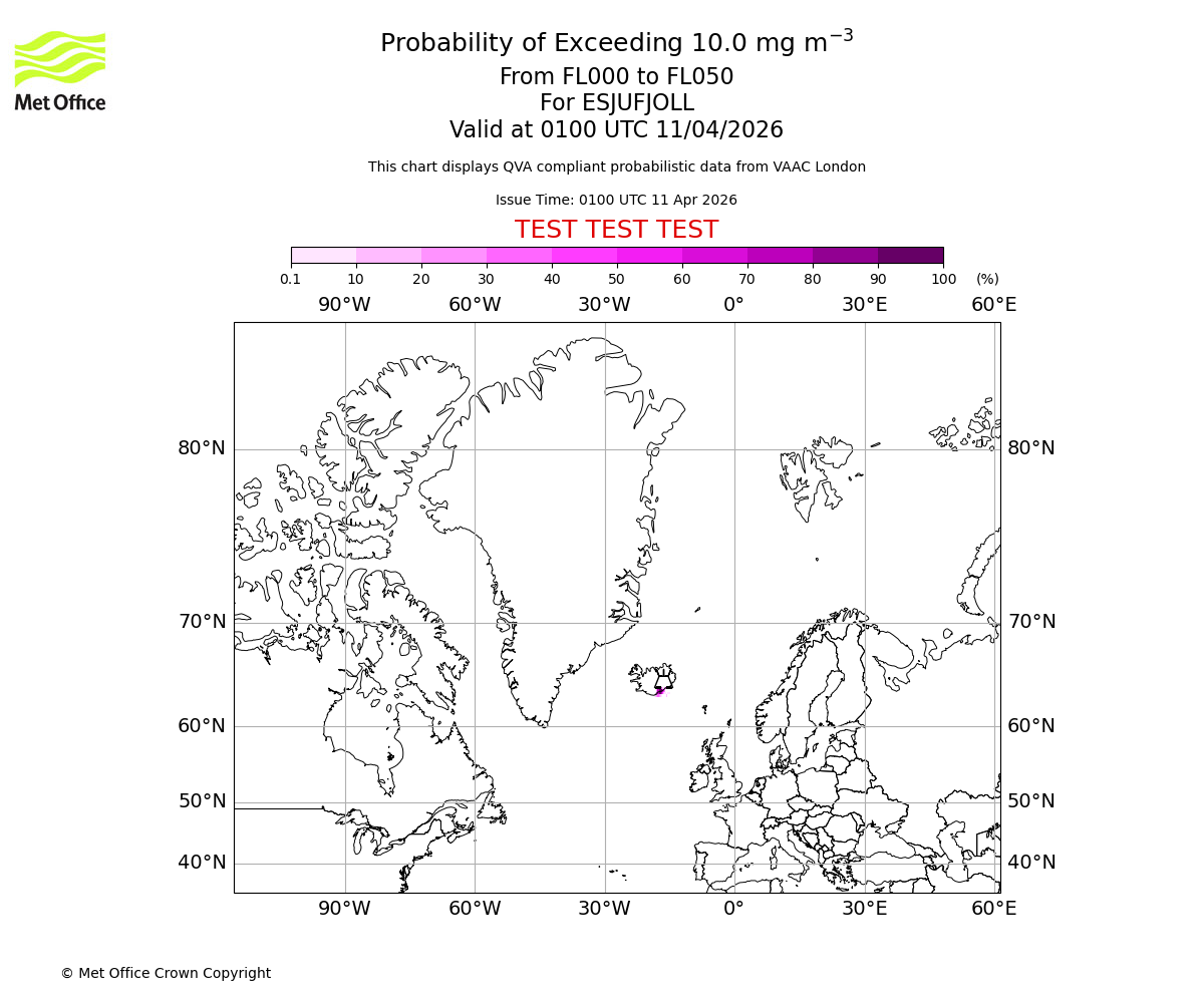 Probability of exceeding 10.0 milligrams per metre cubed. From 000 to 050 for ESJUFJOLL. Valid at 0100 UTC 11/04/2026