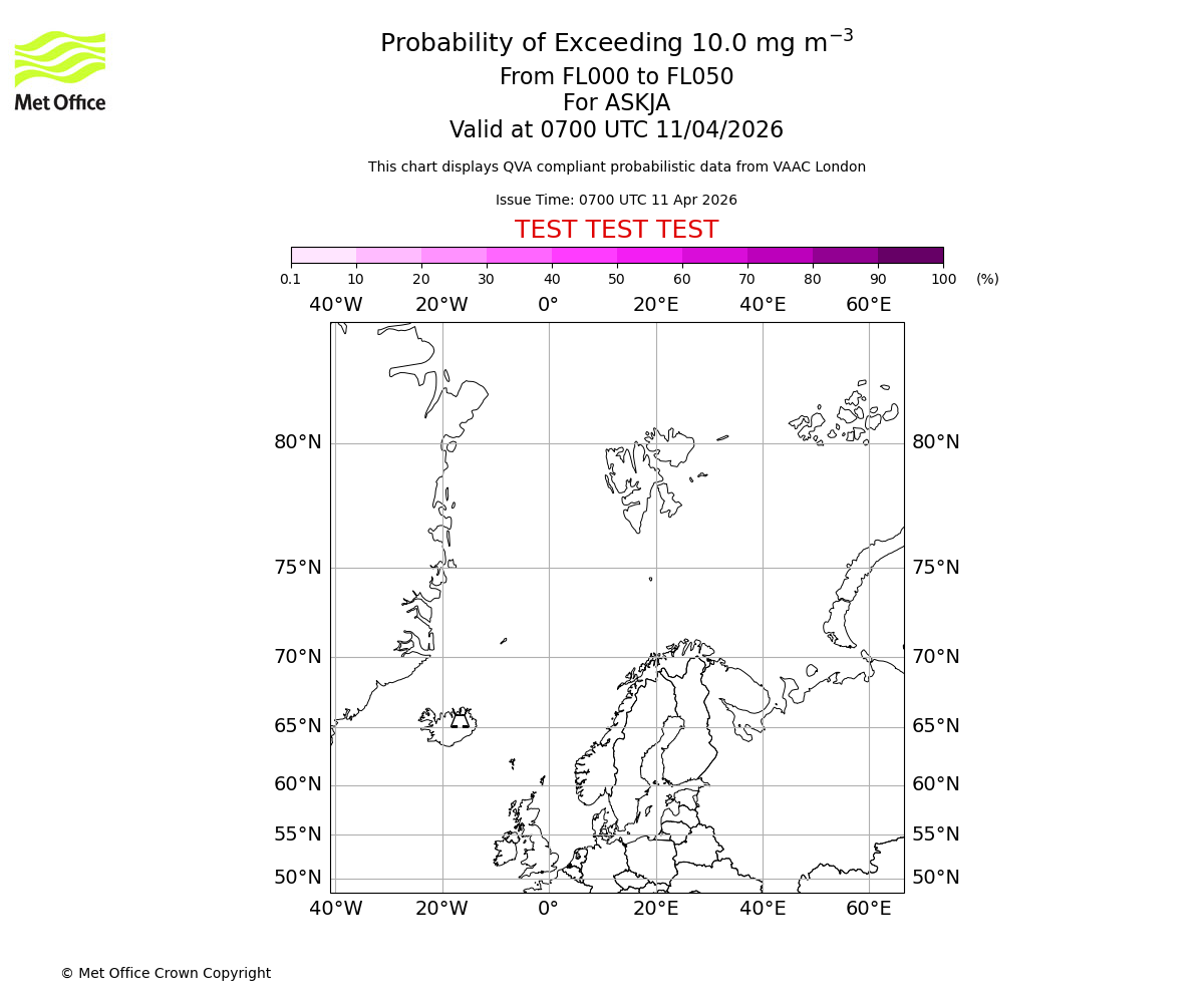 Probability of exceeding 10.0 milligrams per metre cubed. From 000 to 050 for ASKJA. Valid at 0700 UTC 11/04/2026