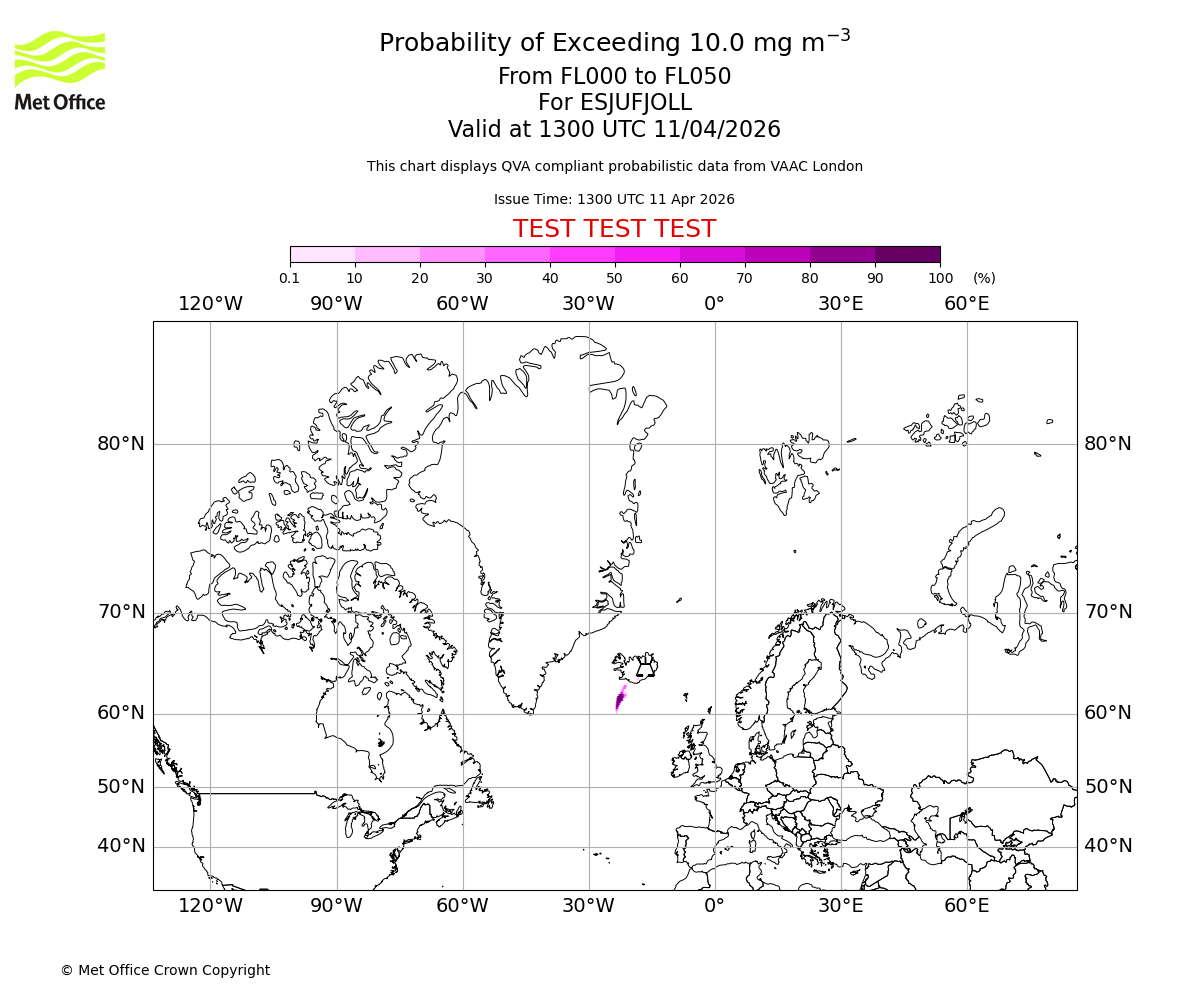 Probability of exceeding 10.0 milligrams per metre cubed. From 000 to 050 for ESJUFJOLL. Valid at 1300 UTC 11/04/2026