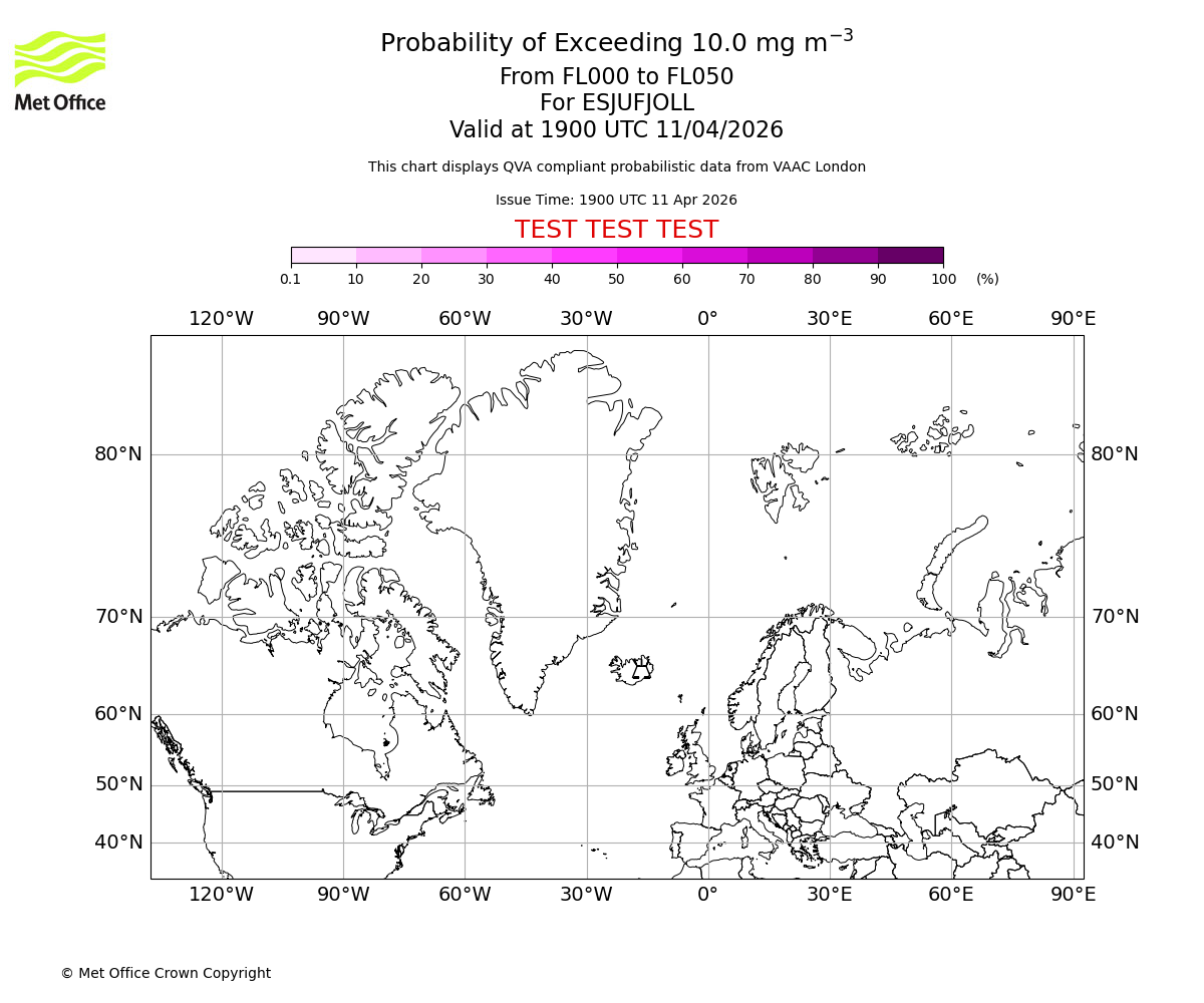 Probability of exceeding 10.0 milligrams per metre cubed. From 000 to 050 for ESJUFJOLL. Valid at 1900 UTC 11/04/2026