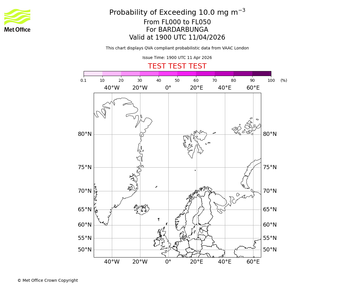 Probability of exceeding 10.0 milligrams per metre cubed. From 000 to 050 for BARDARBUNGA. Valid at 1900 UTC 11/04/2026