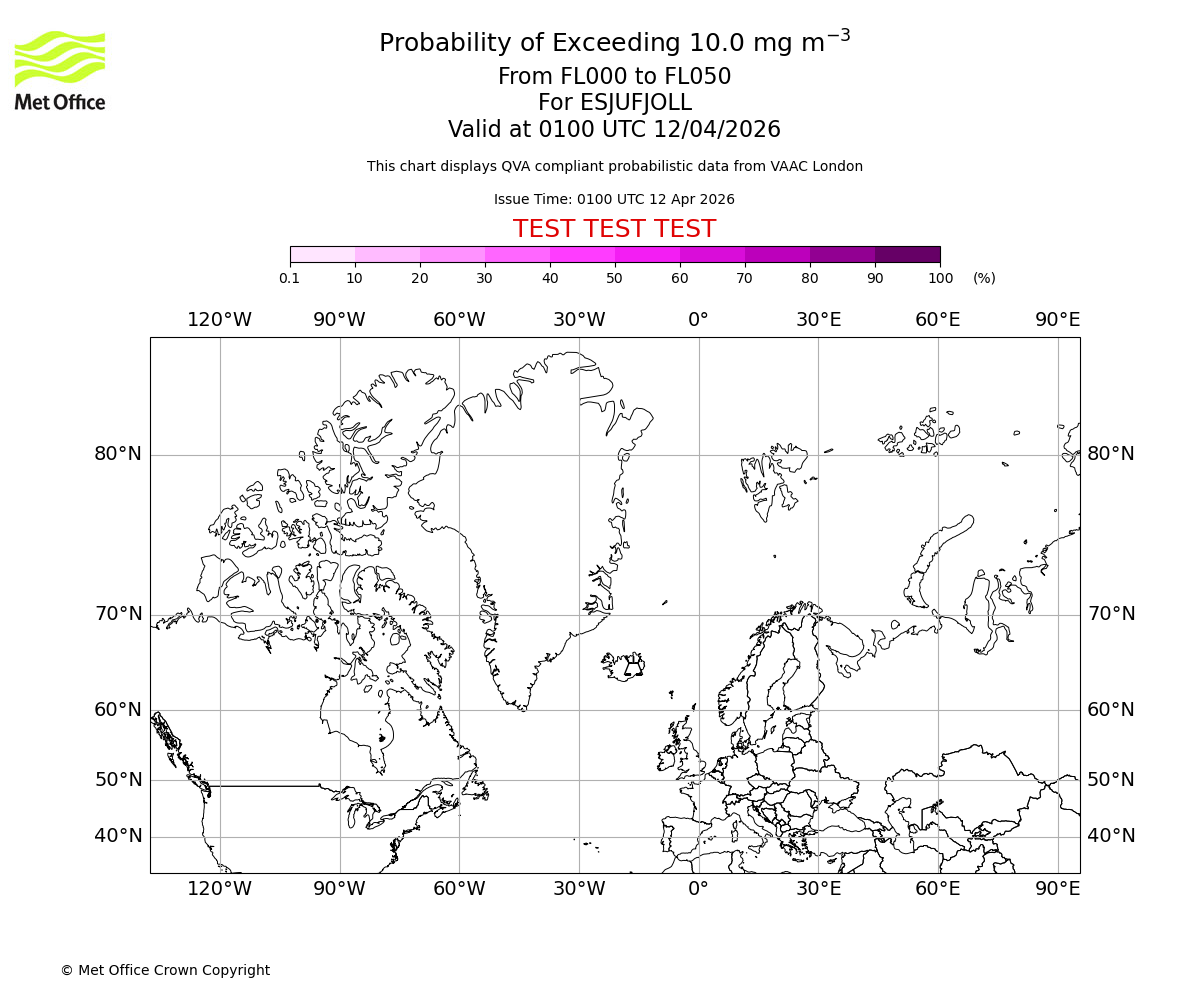 Probability of exceeding 10.0 milligrams per metre cubed. From 000 to 050 for ESJUFJOLL. Valid at 0100 UTC 12/04/2026