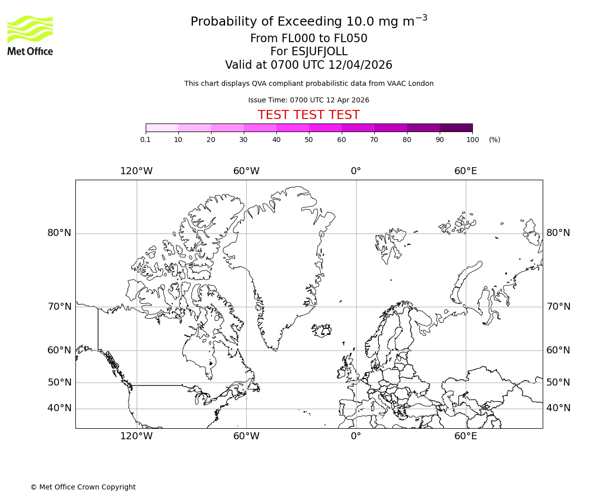 Probability of exceeding 10.0 milligrams per metre cubed. From 000 to 050 for ESJUFJOLL. Valid at 0700 UTC 12/04/2026