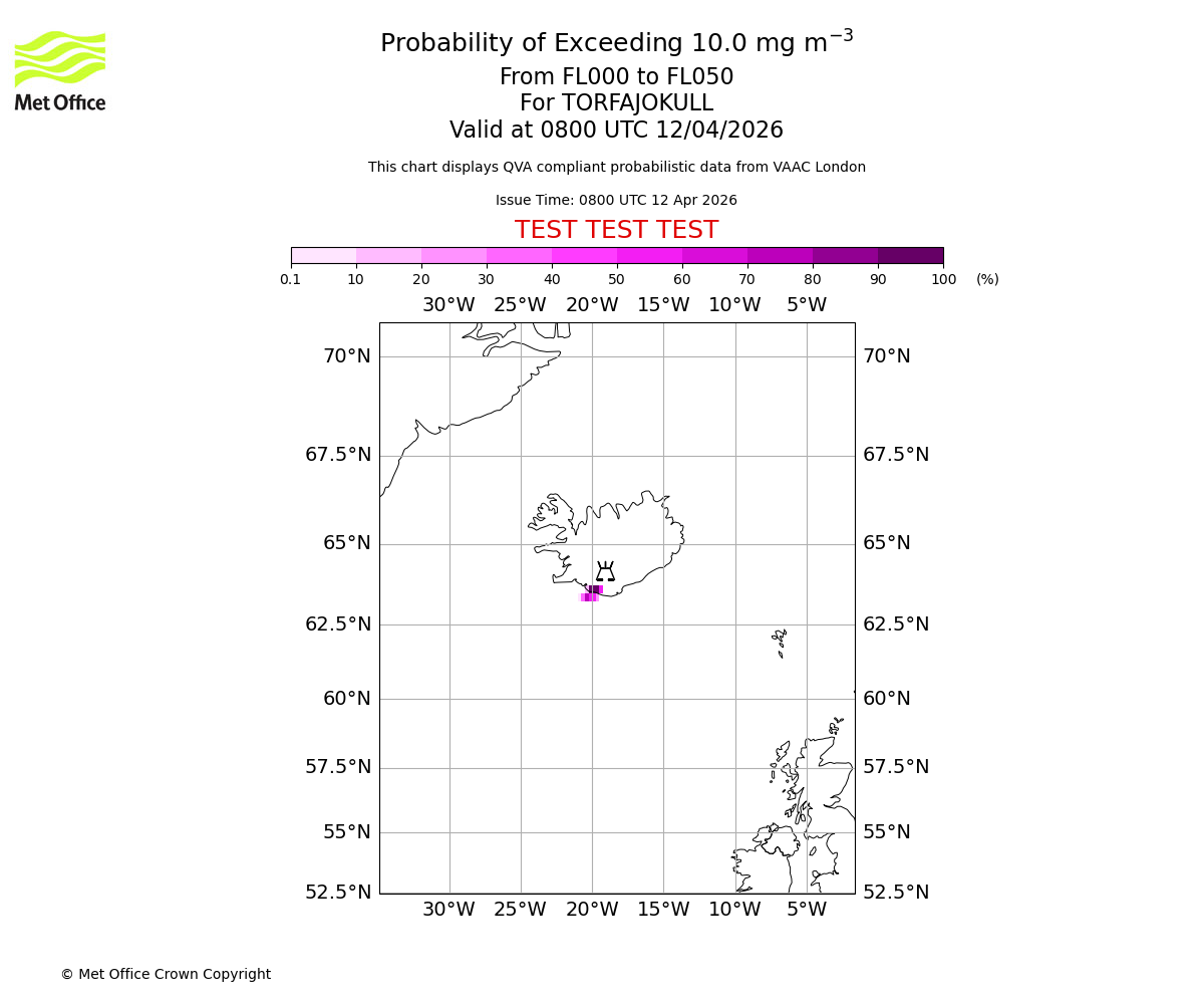 Probability of exceeding 10.0 milligrams per metre cubed. From 000 to 050 for TORFAJOKULL. Valid at 0800 UTC 12/04/2026