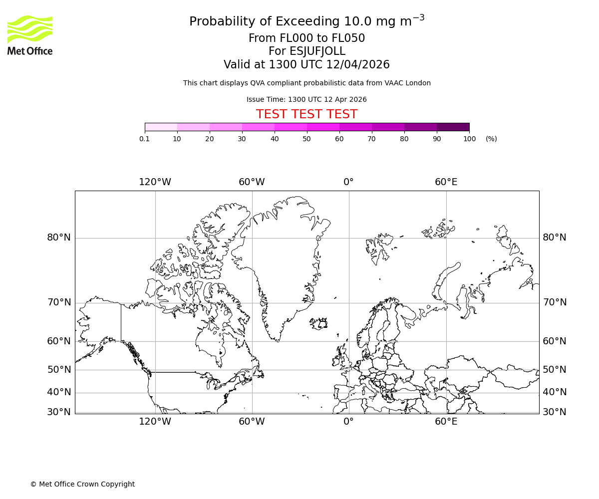 Probability of exceeding 10.0 milligrams per metre cubed. From 000 to 050 for ESJUFJOLL. Valid at 1300 UTC 12/04/2026