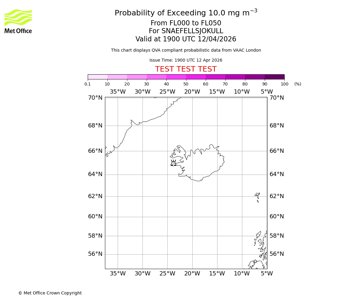 Probability of exceeding 10.0 milligrams per metre cubed. From 000 to 050 for SNAEFELLSJOKULL. Valid at 1900 UTC 12/04/2026