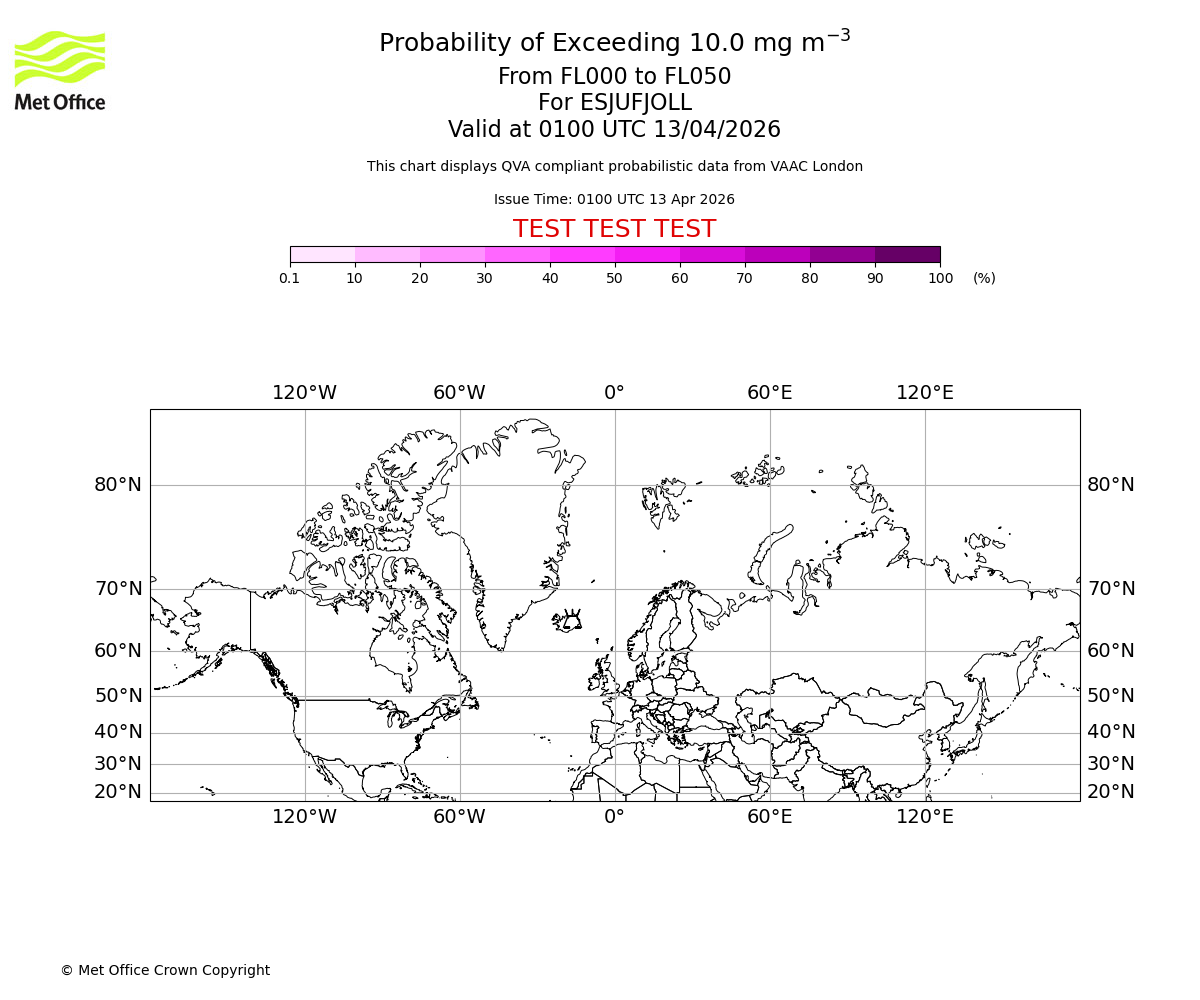 Probability of exceeding 10.0 milligrams per metre cubed. From 000 to 050 for ESJUFJOLL. Valid at 0100 UTC 13/04/2026