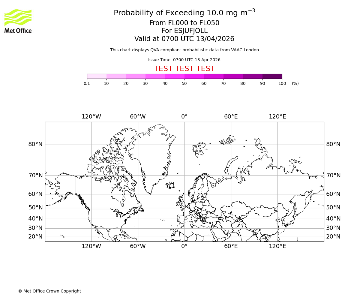 Probability of exceeding 10.0 milligrams per metre cubed. From 000 to 050 for ESJUFJOLL. Valid at 0700 UTC 13/04/2026