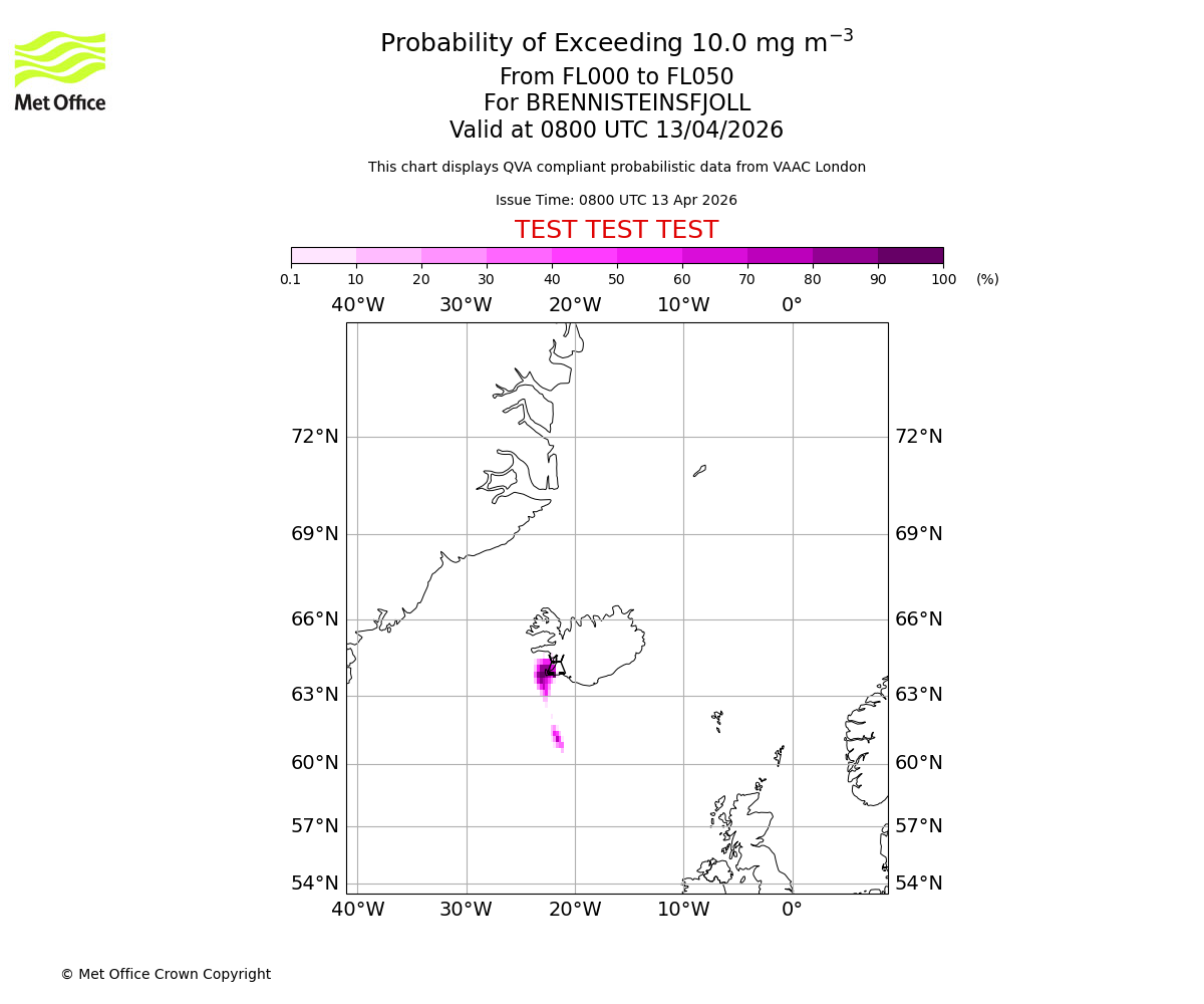 Probability of exceeding 10.0 milligrams per metre cubed. From 000 to 050 for BRENNISTEINSFJOLL. Valid at 0800 UTC 13/04/2026