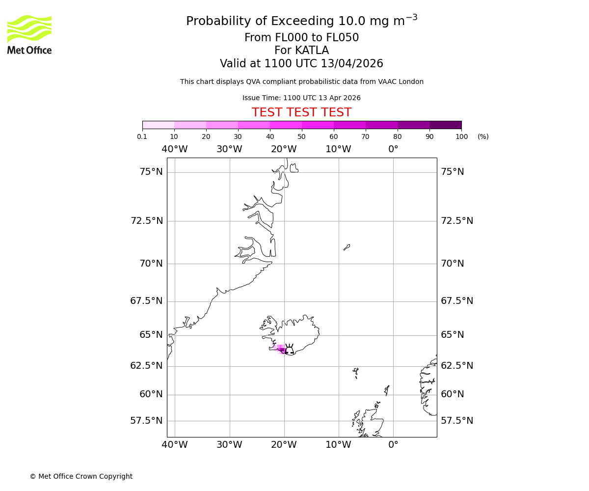 Probability of exceeding 10.0 milligrams per metre cubed. From 000 to 050 for KATLA. Valid at 1100 UTC 13/04/2026