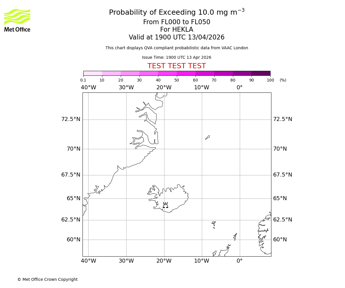 Probability of exceeding 10.0 milligrams per metre cubed. From 000 to 050 for HEKLA. Valid at 1900 UTC 13/04/2026