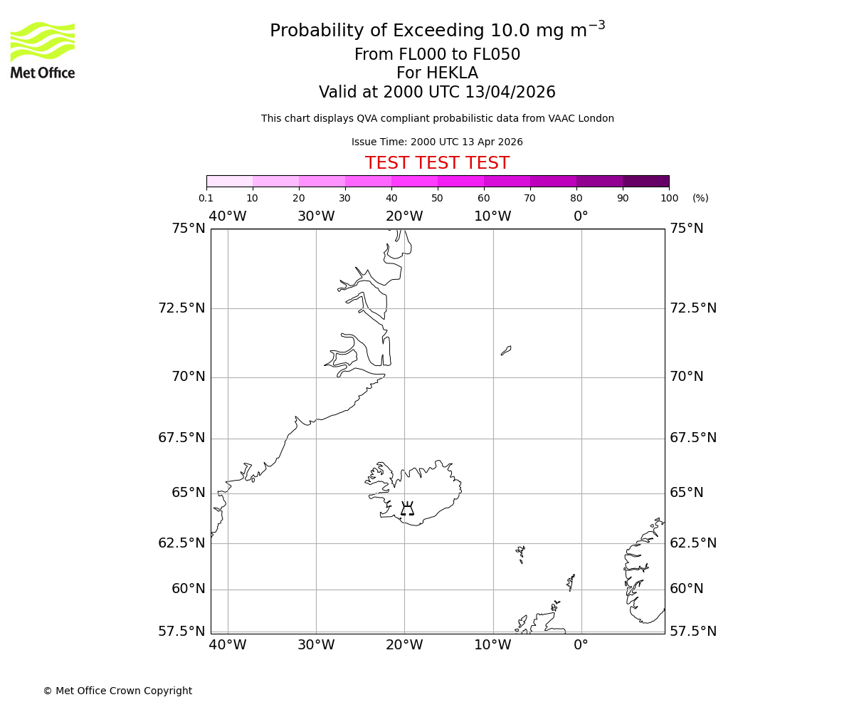Probability of exceeding 10.0 milligrams per metre cubed. From 000 to 050 for HEKLA. Valid at 2000 UTC 13/04/2026